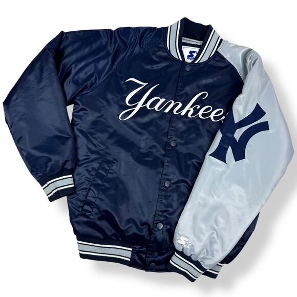 Rare STARTER NEW YORK YANKEES double sided Navy / Gray satin snap bomber jacket